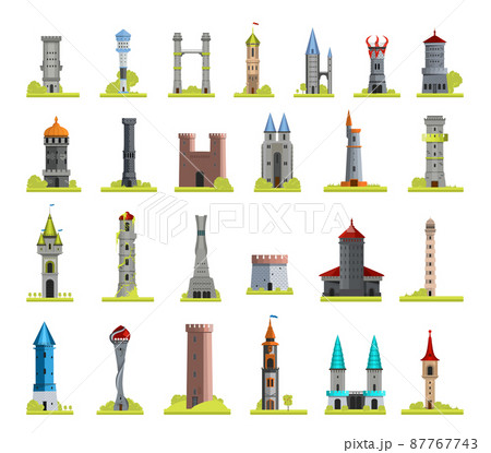 Collection of fantasy towers. Fairy castles and structures. Collection of fantasy towers. Fairy castles and structures. 87767743