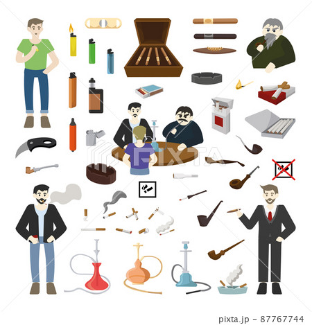 Collection of illustrations on the theme of smoking. All types of cigarettes, vapes. Smoking characters. 87767744