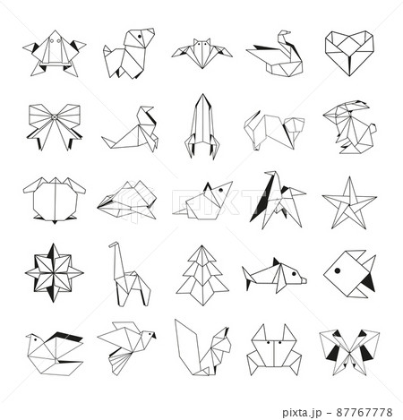 Collection of origami figurines in linear style. 87767778