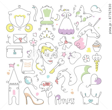 Collection of one line drawings. Linear illustrations on the theme of princesses and fairy tales. Collection of one line drawings. Linear illustrations on the theme of princesses and fairy tales. 87767830