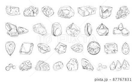 Collection of monochrome illustrations of precious and ordinary stones in sketch style. Hand drawings in art ink style. Black and white graphics. Collection of monochrome illustrations of precious and ordinary stones in sketch style. Hand drawings in art ink style. Black and white graphics. 87767831