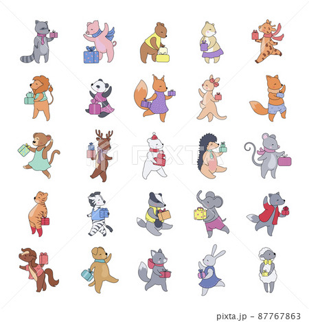Collection of cute animals with gift boxes. Birthday illustrations. Collection of cute animals with gift boxes. Birthday illustrations. 87767863