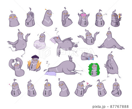 Collection of funny illustrations with a pigeon character. Stickers for messenger. 87767888