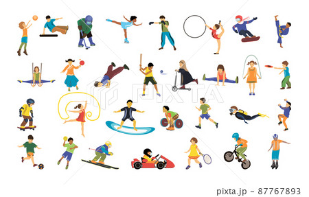 Collection of illustrations with children doing different sports. 87767893