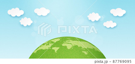 3d Paper art abstract template background.Green earth with clouds on blue sky. 87769095