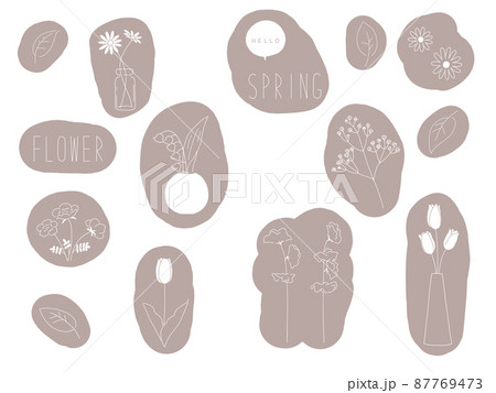 チューリップやマーガレットなど春の花手描き風シンプル線画イラストセット 87769473