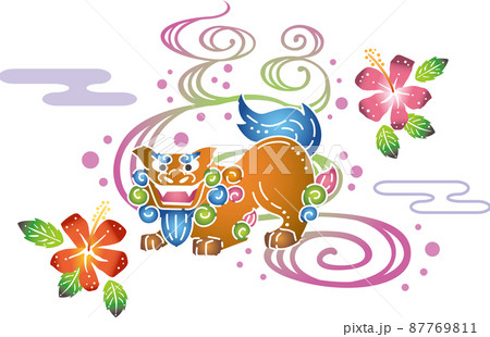 沖縄の伝統工芸琉球紅型のシーサーデザイン 87769811