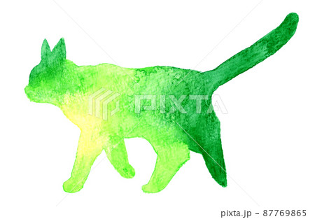 おしゃれな猫のシルエットの手描き水彩カットイラスト 歩くポーズ 黄緑色 緑色 のイラスト素材