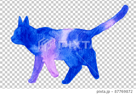 おしゃれな猫のシルエットの手描き水彩カットイラスト 歩くポーズ 青色 紫色 のイラスト素材
