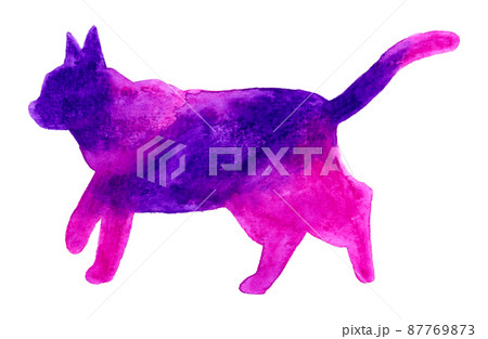 おしゃれな猫のシルエットの手描き水彩カットイラスト 歩くポーズ 青色 紫色 のイラスト素材