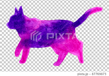 おしゃれな猫のシルエットの手描き水彩カットイラスト 歩くポーズ 青色 紫色 のイラスト素材