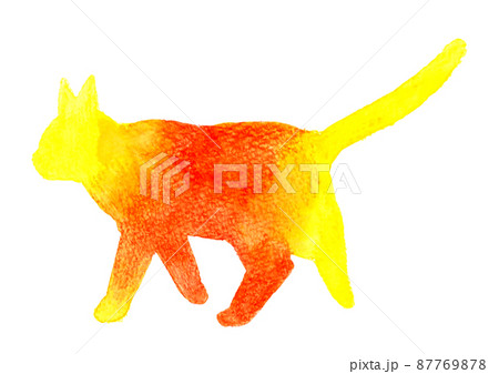 おしゃれな猫のシルエットの手描き水彩カットイラスト 歩くポーズ 黄色 オレンジ色 のイラスト素材
