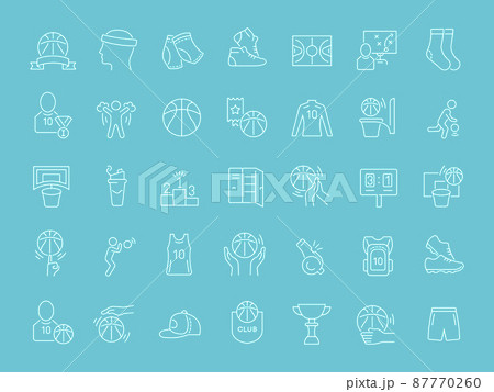 Collection of line white icons of basketball. Set of vector simple elements with bold outlines on a color background. Info graphics signs and pictograms. 87770260
