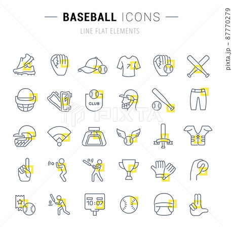 Set of vector line icons and signs with yellow squares of baseball for excellent concepts. Collection of infographics logos and pictograms. 87770279