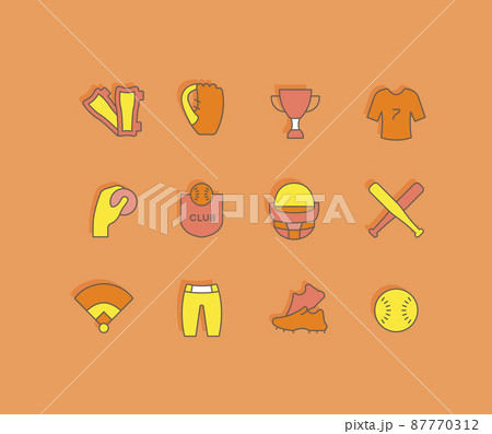 Collection simple icons of baseball on an orange background. Modern color signs for websites, mobile apps, and concepts 87770312
