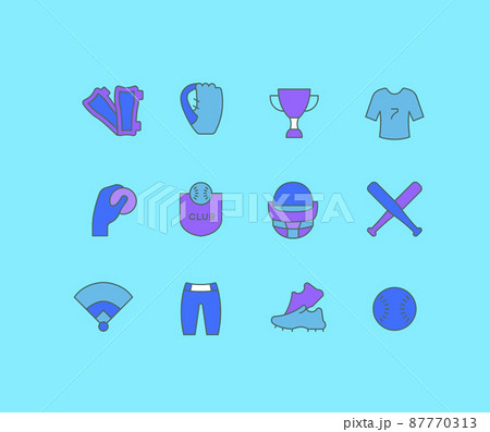 Collection simple icons of baseball on a blue background. Modern color signs for websites, mobile apps, and concepts Collection simple icons of baseball on a blue background. Modern color signs for websites, mobile apps, and concepts 87770313