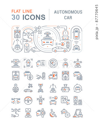 Set of vector line icons, sign and symbols with flat elements of autonomous car for modern concepts, web and apps. Collection of infographics logos and pictograms. Set of vector line icons, sign and symbols with flat elements of autonomous car for modern concepts, web and apps. Collection of infographics logos and pictograms. 87770645