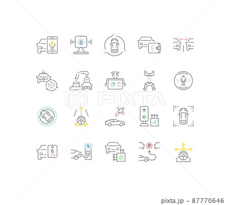 Set of outline signs and symbols of autonomous car. Collection vector thin line icons and infographics elements. Simple linear pictogram pack for web graphics and apps. 87770646