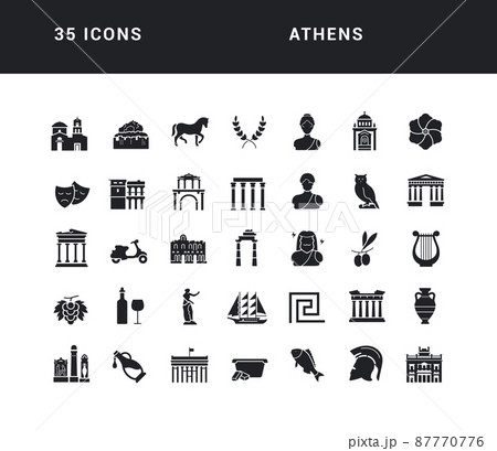 Athens. Collection of perfectly simple monochrome icons for web design, app, and the most modern projects. Universal pack of classical signs for category Countries and Cities. 87770776