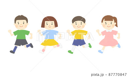 笑顔で走っている4人の男の子と女の子のイラスト素材