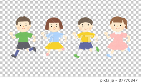 笑顔で走っている4人の男の子と女の子のイラスト素材