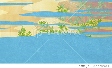 日本画　青紅葉　和モダン　金の雲　青【16:9】 87770981