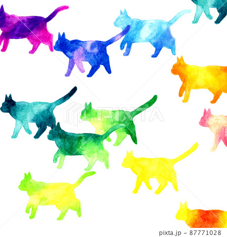 おしゃれな猫のシルエットの背景素材　カラフルな歩く猫の手描き水彩イラスト 87771028