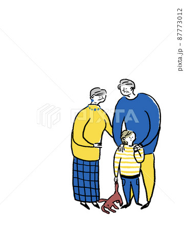 小さい子供と悲しむシニア男性と女性、孫と祖父母、カラー （縦、右下配置） 87773012