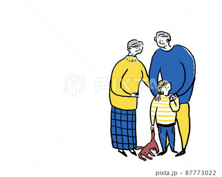 小さい子供と悲しむシニア男性と女性、孫と祖父母、カラー （横、右配置） 87773022
