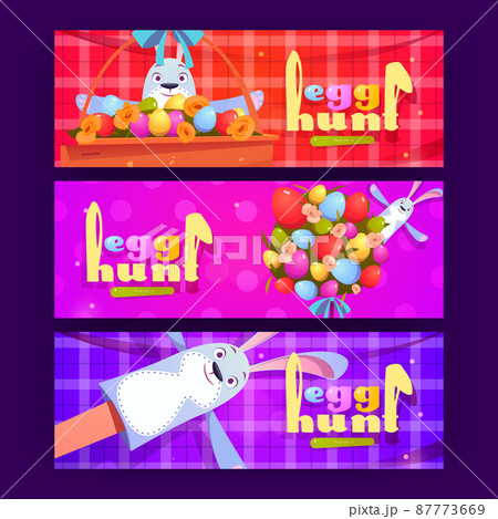 Egg hunt, happy Easter banners with rabbit toys 87773669