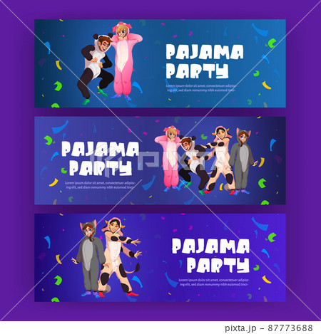 Pajama party posters with happy people in kigurumi Pajama party posters with happy people in kigurumi 87773688