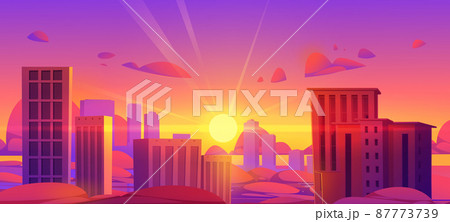 Sunset sky over clouds and city skyscrapers Sunset sky over clouds and city skyscrapers 87773739