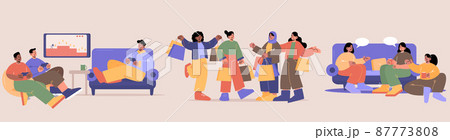 Friends play computer game, shopping, talking 87773808