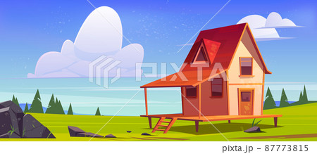 Cottage on green field, wooden house on stilts Cottage on green field, wooden house on stilts 87773815