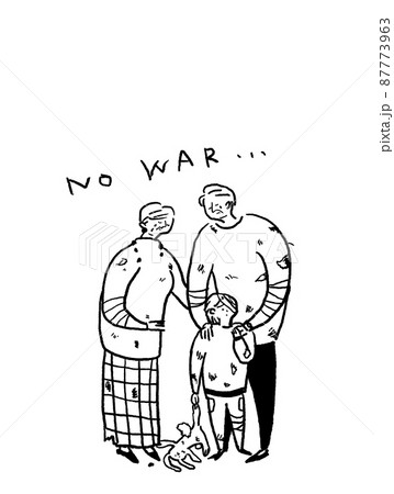 怪我をした小さい子供とシニア男性と女性、孫と祖父母、線画（縦、下中央配置） 87773963