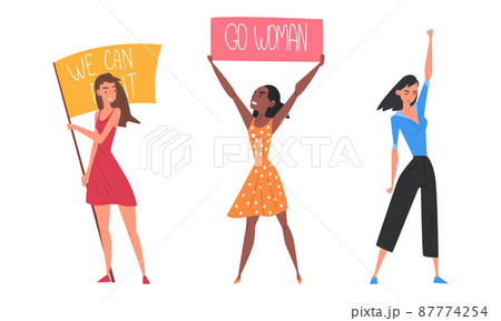 Woman activists statementing of their rights with placard and flag cartoon vector illustration Woman activists statementing of their rights with placard and flag cartoon vector illustration 87774254