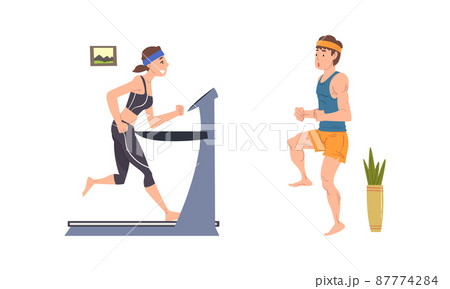 People doing sports at home set. Young woman and man in sportswear running on treadmil and running cartoon vector illustration 87774284