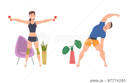 People doing sports at home set. Young man and woman doing side bends at Home and exercising with dumbbells cartoon vector illustration People doing sports at home set. Young man and woman doing side bends at Home and exercising with dumbbells cartoon vector illustration 87774285
