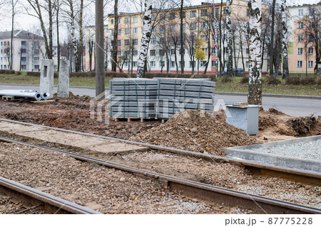 Sand on repair work on tram rails 87775228