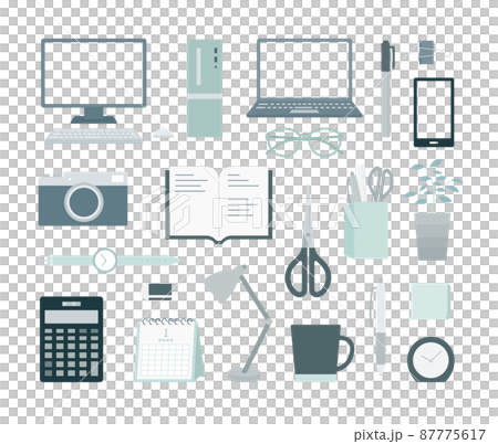 パソコンやスマホ等のビジネス関連のイラストセット　シンプル　仕事　デスク　PC　文房具　オフィス 87775617