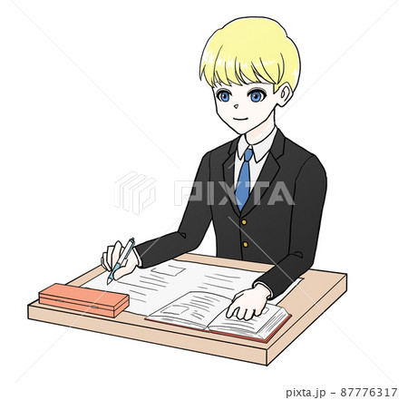 机に向かって勉強する学生のイラスト（男3） 87776317