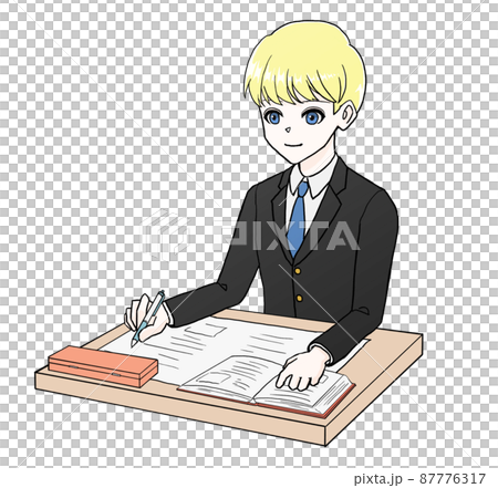 机に向かって勉強する学生のイラスト 男3 のイラスト素材
