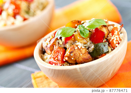 CousCous Bowl whit Meat and Mixed Grilled Vegetables CousCous Bowl whit Meat and Mixed Grilled Vegetables 87776471