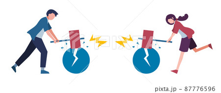 ハンマーで叩き割る男女 人物 フラットイラスト 若者 ベクターのイラスト素材