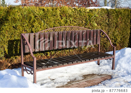 Wooden bench and bush in the snow 87776683