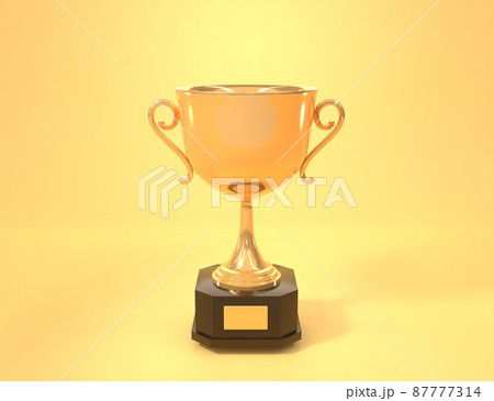 Golden cup, award trophy or winner prize on wooden pedestal with empty plate, front view. Shiny metal goblet with gold bowl for championship, isolated on yellow background. Realistic 3d illustration 87777314