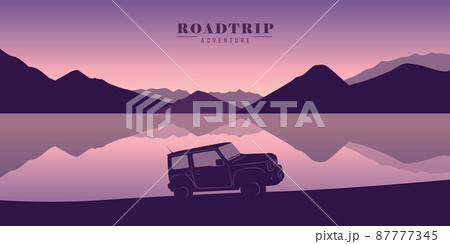 nature landscape by lake roadtrip adventure with 4x4 vehicle car nature landscape by lake roadtrip adventure with 4x4 vehicle car 87777345