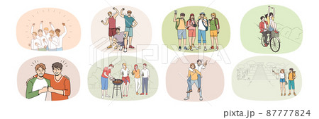 Set of young people have fun relax on summer vacation  87777824