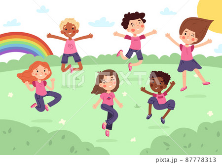 Happy cartoon kids jumping in park or kindergarten playground. Children doing outdoor activities vector illustration. Funny babys having fun 87778313