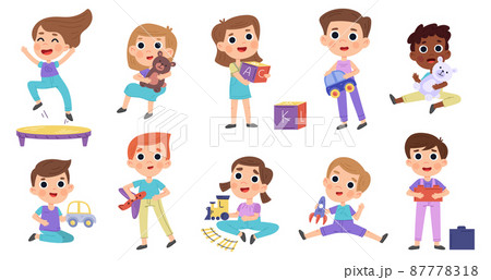 Cartoon children play with toys, kindergarten activities. Little kids playing with teddy bear, doll and toy car vector illustration set. Children characters having fun Cartoon children play with toys, kindergarten activities. Little kids playing with teddy bear, doll and toy car vector illustration set. Children characters having fun 87778318